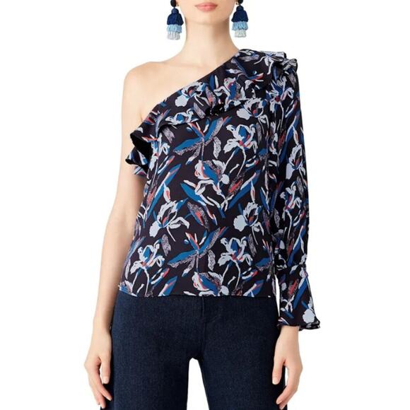 Tanya Taylor Oral Blue Floral Silk One Shoulder Blouse - Picture 2 of 8